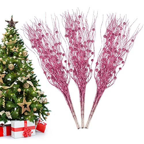 Losris Christmas Artificial Glitter Berry Stem Decorations Decorative Bead Sticks Xmas Picks Glittery Twigs Branches for Christmas Tree Wreath Gift Vase Decor Party Ornaments Pink 24 PCS