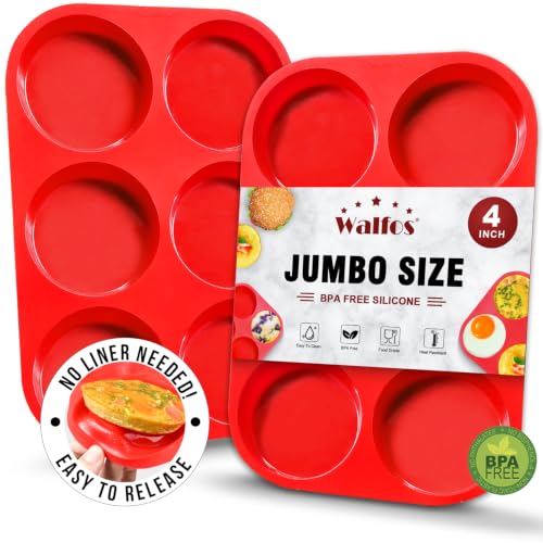 Image of Walfos Silicone Muffin Top Pans for Baking 4inch Jumbo Size, Perfect Results Premium Non-Stick Bakeware Egg Baking Pan, Great for Eggs, Hamburger Bun, Muffin Top and More, Food Grade & BPA Free, 2pcs