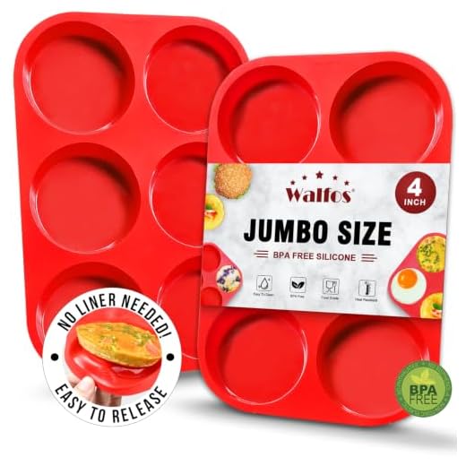Walfos Silicone Muffin Top Pans for Baking 4inch Jumbo Size, Perfect Results Premium Non-Stick Bakeware Egg Baking Pan, Great for Eggs, Hamburger Bun, Muffin Top and More, Food Grade & BPA Free, 2pcs