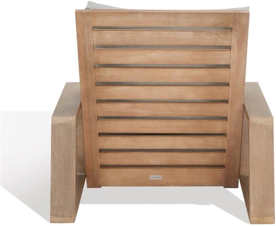 Pemberly Row Outdoor Patio Chair, 36 x 42.5 x 30, Eucalyptus Wood Frame with Light Gray Olefin Fabric Upholstery, Contemporary Style, Brown Finish, Durable Lounge or Dining Seating for Patio or
