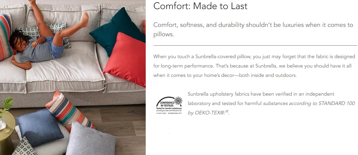 Sunbrella Outdoor Pillows for Patio Furniture - 18" W x 18" L x 6" Thick, Throw Pillow with Comfort, Style & Durability Designed for Outdoor Living - Made in The USA