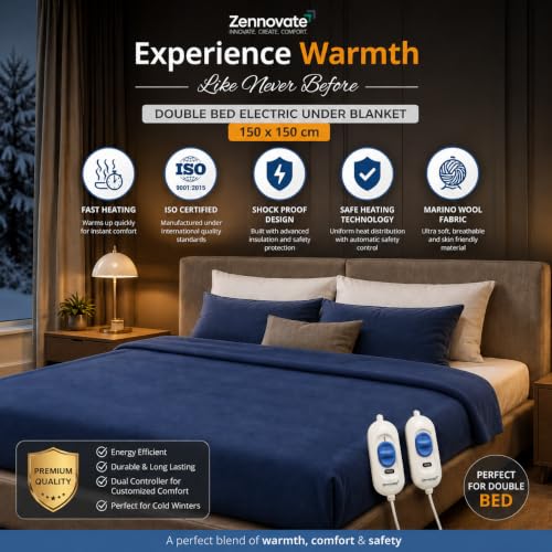 Image of Superior ISO Certified & ZED Certified Electric Under Blanket | Double Bed Size(150cmx150cm) | Shock Proof | Bed Warmer with Multiple Heat Controls (Body, Foot, High, Low) |10 Year Warranty