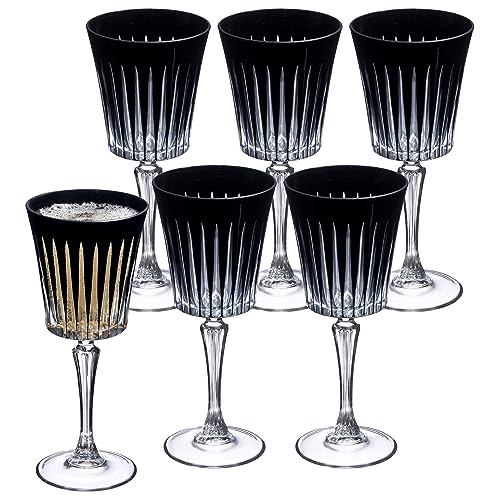 European Wine Glasses - Set of 6 Goblets for Red or White Wine - Elegant Colored Glassware Water Stemware - Gift Ready, 7.5 oz, Black