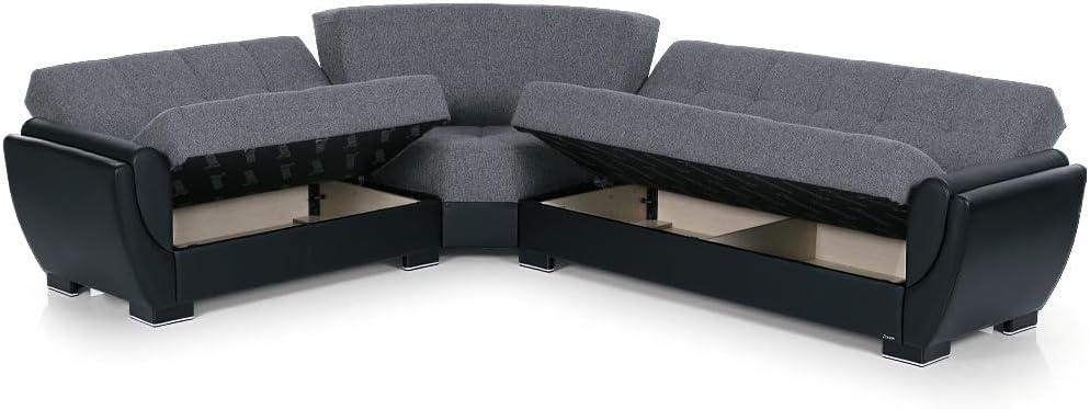 Ottomanson Convertible Sectional Sofa Bed with Hidden Storage & Click-Clack Sit-to-Sleep Sleeper Conversion – Rounded Arm, Firm Support L-Shaped Corner Couch Bed for Living Room & Guest Room, Gray