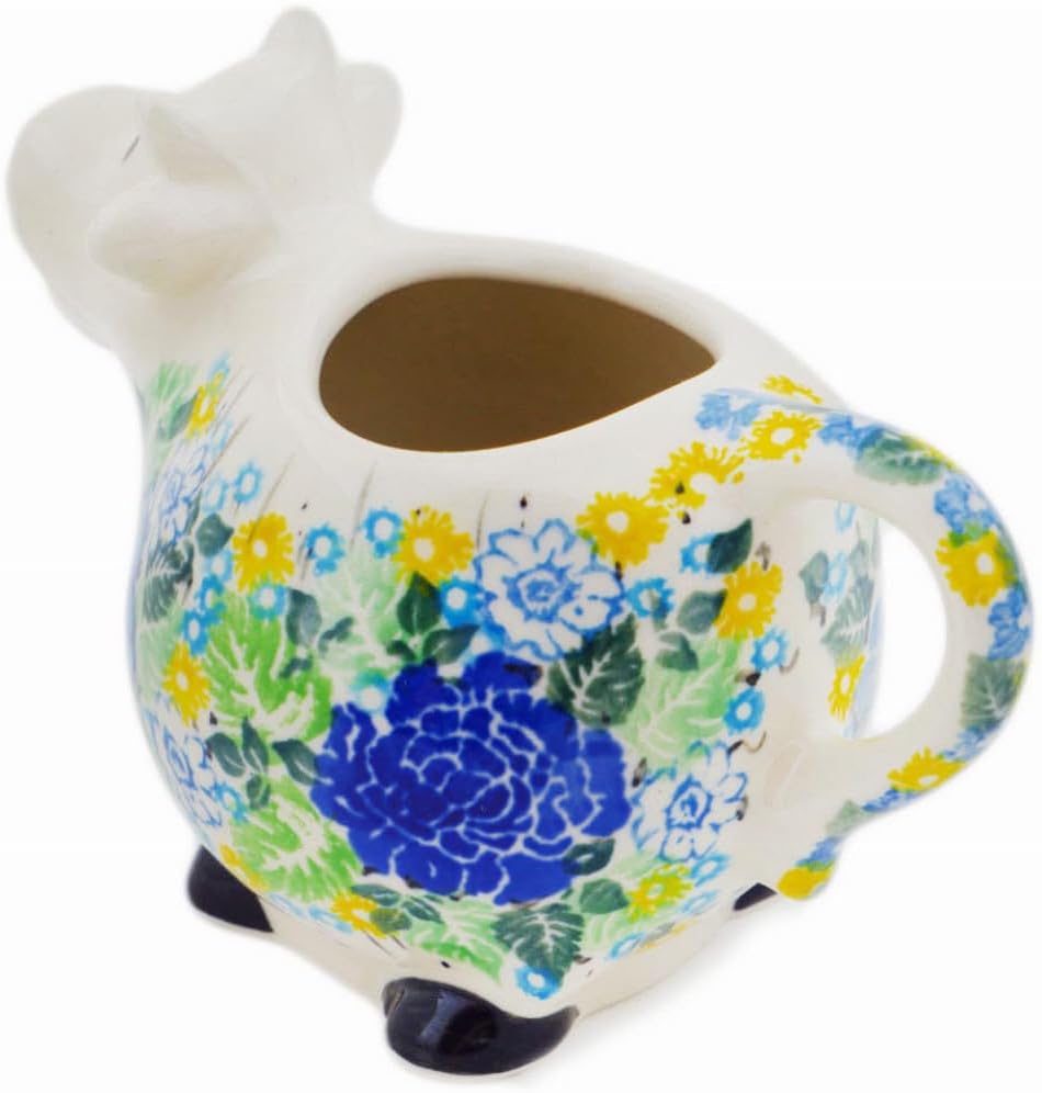 Polmedia Polish Pottery Cow Shaped Creamer UNIKAT - Lime Bouquet Pattern Handmade in Boleslawiec Poland by Ceramika Artystyczna + Certificate of Authenticity