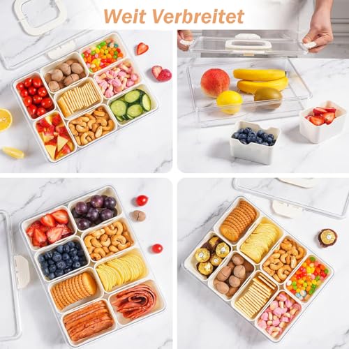 FLYGRRIV Snackbox mit 8 Fächern, Snackteller mit Deckel und Griffen, Snackdose für Snacks kinder, Süßigkeiten, Kekse, Nüsse, Obst - Ideal für Picknicks, Partys, Schulen