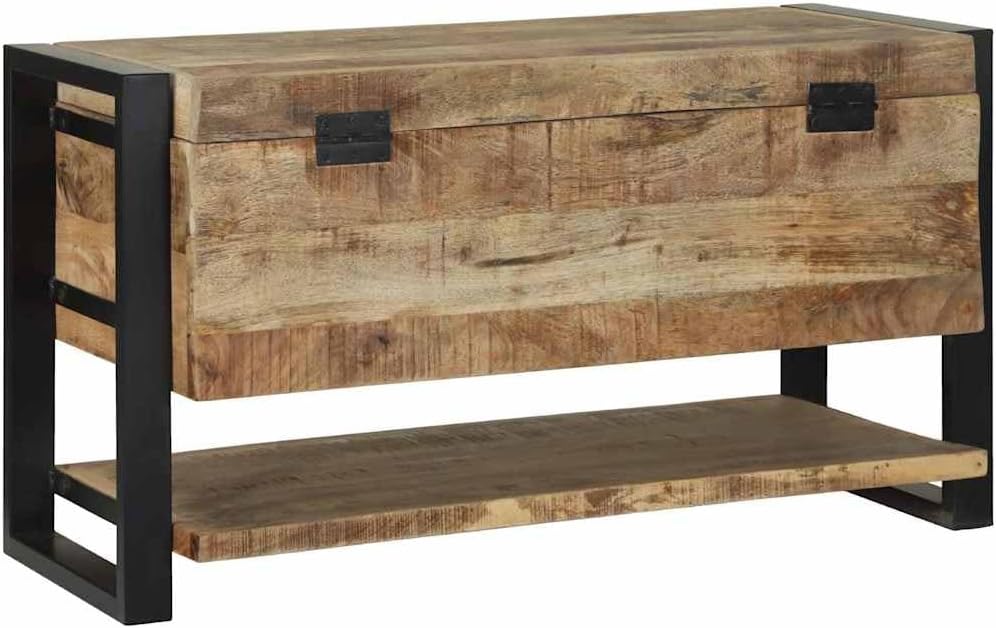 Industrial Storage Box, Solid Mango Wood Trunk with Spacious Interior, Large Rectangular Wooden Chest for Living Room, Bedroom Blanket and Toy Organizer, 31.5 x 13.8 x 17.7 Inches