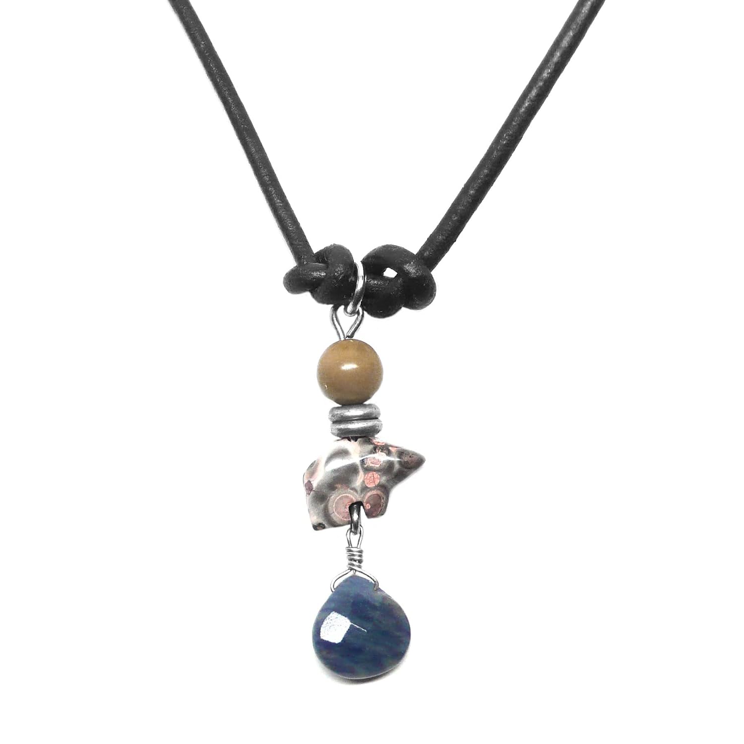Zuni-Style Leopardskin Jasper Bear Sodalite Briolette Leather Cord Unisex Necklace
