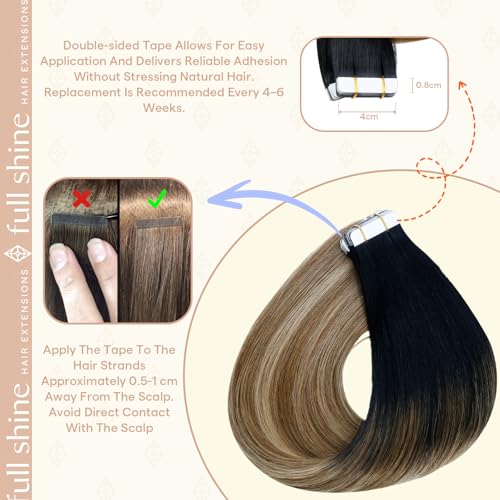 Image of Full Shine Hair Extensions Tape in, Off Black Honey Blonde Ombre 20 Inch | 50g 20PCS, Double Sided Tape in Extensions, Invisible Seamless Skin Weft Add Length for Soft Balayage Volume Styling