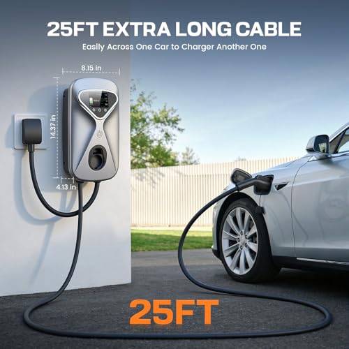 Image of Level 2 EV Charger 50 Amp Hardwired, 48 Miles Range /Hour Smart Electric Vehicle Charging Station with WiFi App, 25ft Cable, RFID & LCD Display, J1772 & Tesla Adapter, 120V Indoor /Outdoor(Silver)