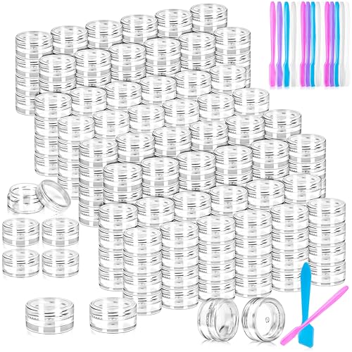 MotBach 100 Pack 3g 5g Plastic Jars Round Clear Cosmetic Containers with Lids, 3ml 5ml Travel Size Containers Sample Jars with Spatulas for Makeup Cosmetic Sample Lotion Cream Salve Balm Powder Travel