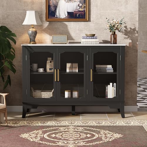 Merax Farmhouse Storage Cabinet with 3 Doors and Shelves for Living Room Dining Room, Contemporary Sideboard Buffet Cabinet Wood Side Table, Large Storage Space, L-47.9", H-34 (Black) by Merax - Used condition - US$248.17