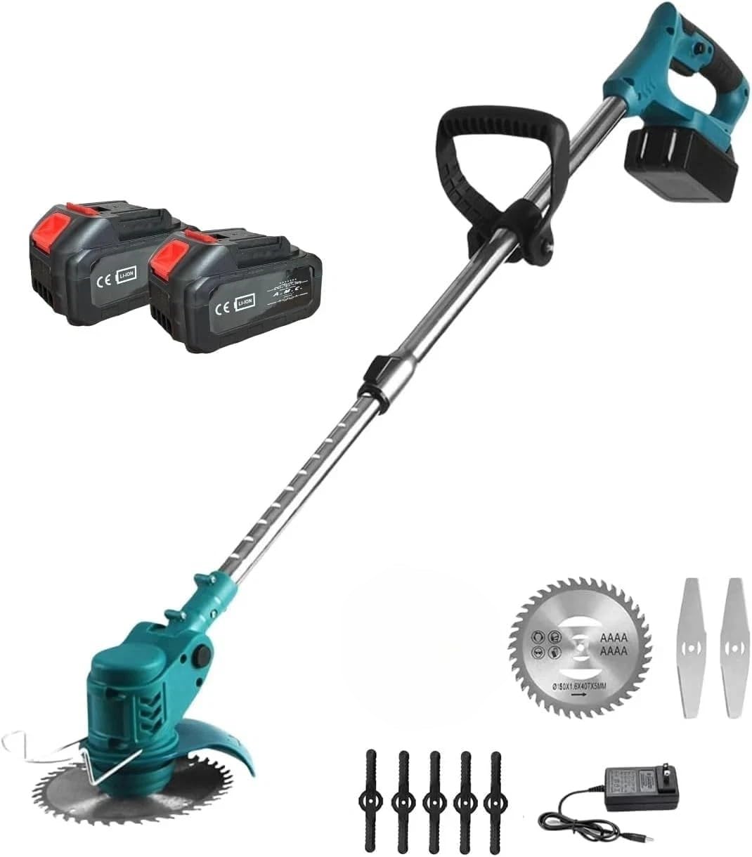 Decespugliatore Elettrico a Batteria, Tagliabordi tagliaerba a Batteria con 2 Batterie, 3 Tipi lame, Altezza e Angolazione regolabili, Per Il Taglio Di Giardini, Prati E Terreni