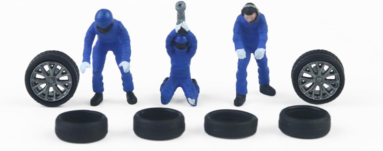 1/64 Scale Alloy Figures Set, 3 Garage Mechanic Miniatures with Tires and Wheels, Highly Detailed Diorama Accessories for Diecast Car Display Scene (D)