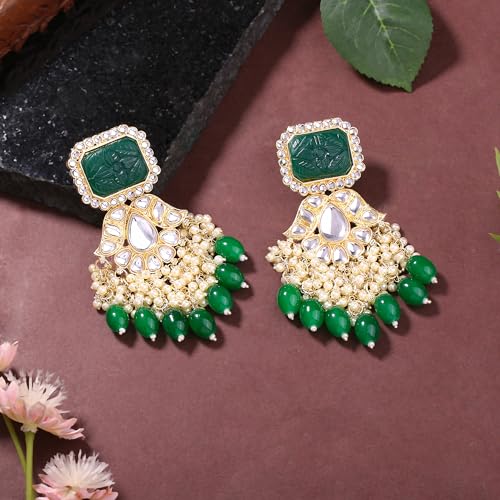 Gehena by Estele Gold Plated Fashionable Kundan Drop Earrings with Beads for Girls/Women - Image 4