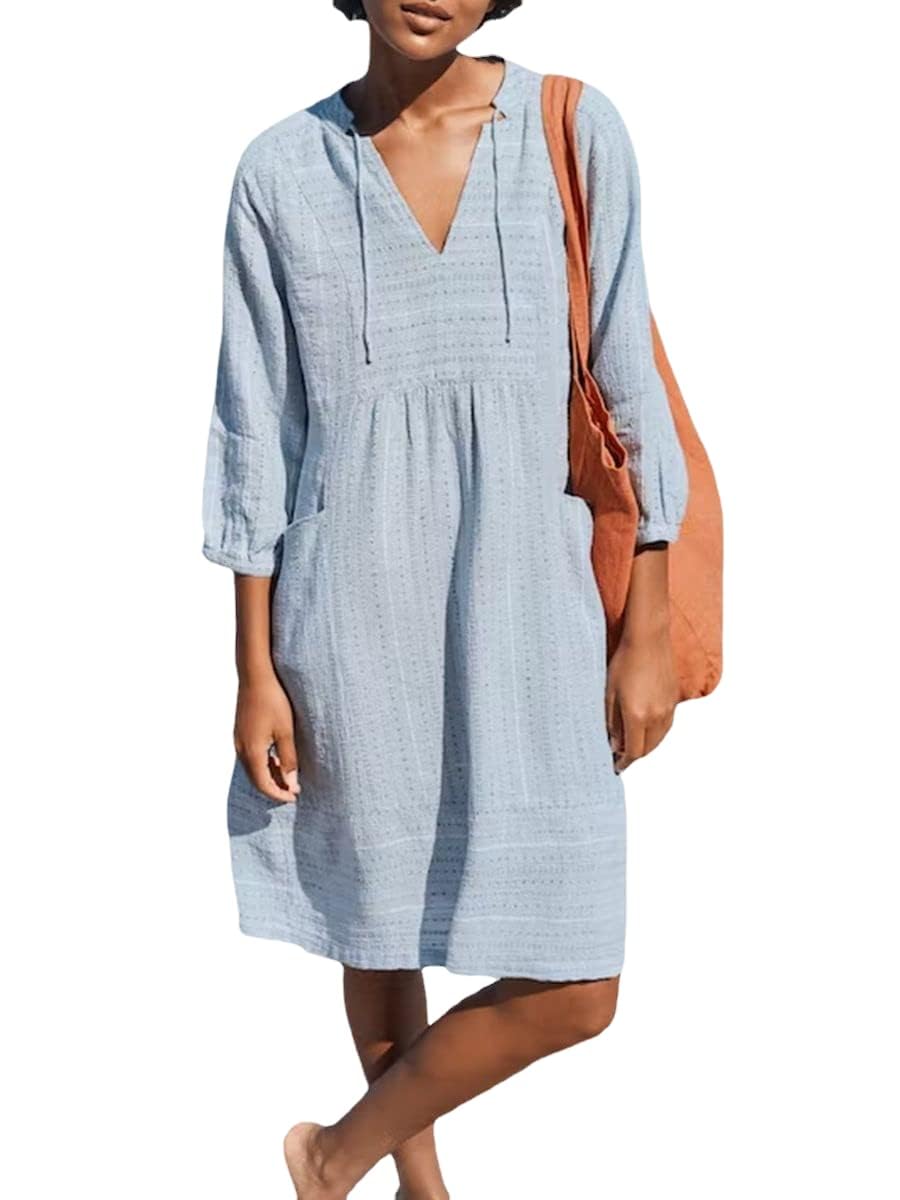Bengbobar Womens Summer V Neck Linen Dress Loose Half Sleeve Solid Linen Dress Casual Classic Comfort Daily Wear Party Dress
