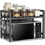 FANFX Microwave Shelf,2 Tier Adjustable Over Microwave Shelf Unit,Microwave Stand with Cutting Board Rack & 6 Hooks,Carbon Steel Kitchen Shelf Organizer for Countertop,Pots,Pans&Cutting Boards(Black)