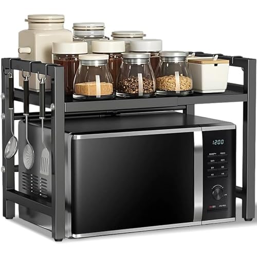 FANFX Microwave Shelf,2 Tier Adjustable Over Microwave Shelf Unit,Microwave Stand with Cutting Board Rack & 6 Hooks,Carbon Steel Kitchen Shelf Organizer for Countertop,Pots,Pans&Cutting Boards(Black)
