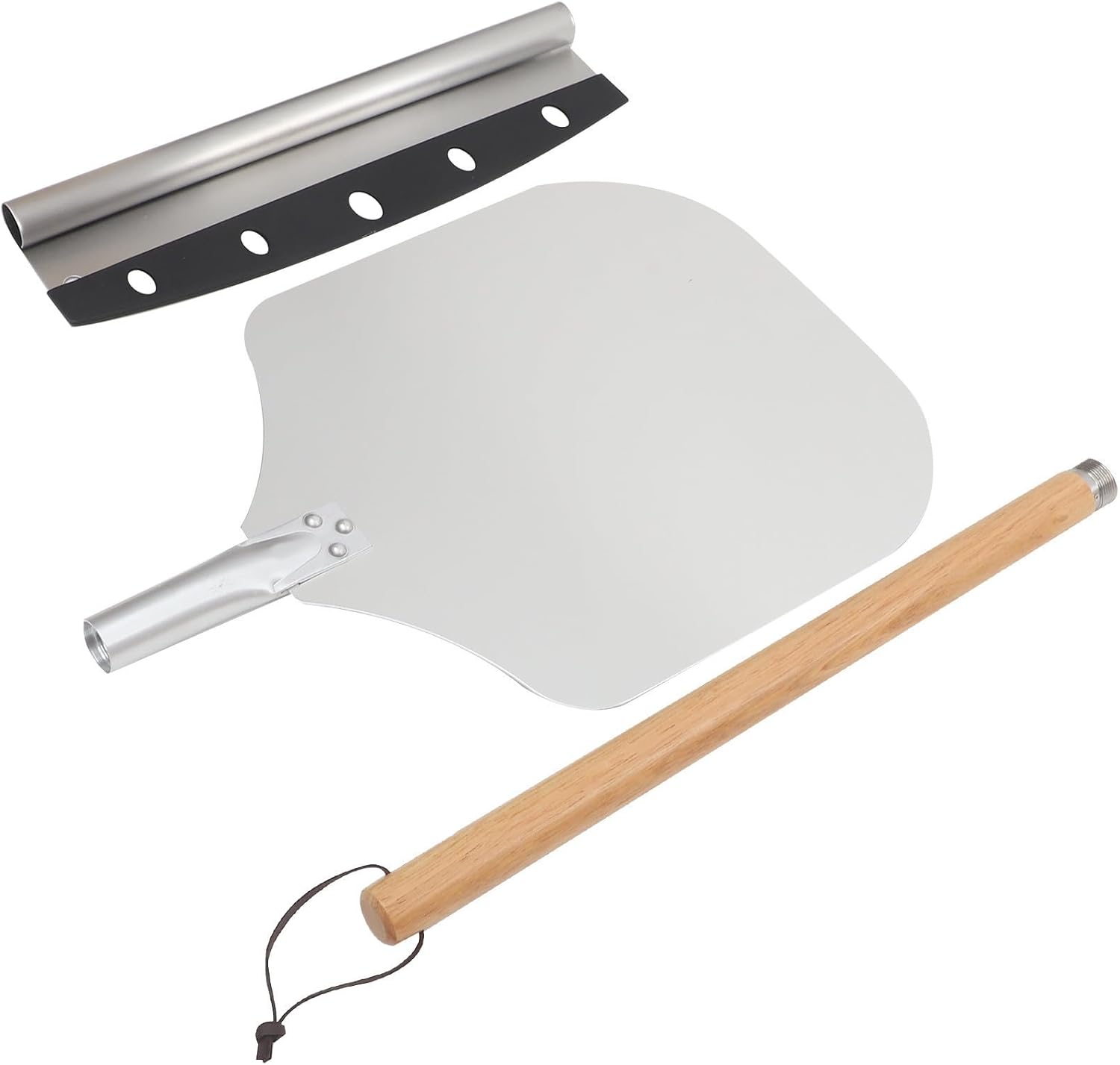 ULTECHNOVO 2 Pcs Pizza Cutter and Transfer Shovel Set with Detachable Handle, Aluminum and Wood Material, Easy to Operate and Convenient Kitchen Tool for Baking and Serving