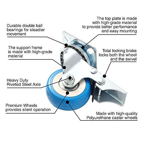 Online Best Service 12 Pack Caster Swivel Plate On Blue Polyurethane Wheels Pu(6 Pc No Brake + 6 Pc W/Brake) #TOP4