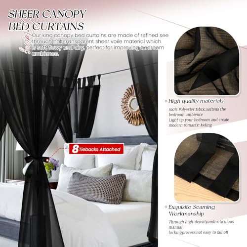 Cortinas de cama negras para marco de cama King matrimonial y cuatro pósteres 4