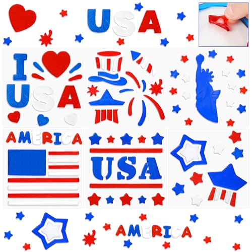 MARFOREVER 8 Sheets Patriotic Gel Window Clings 4th of July Window Gel Cling Red White Blue American Flag Stars Jelly Stickers for Independence Day Fourth of July Party Home School Office Decor