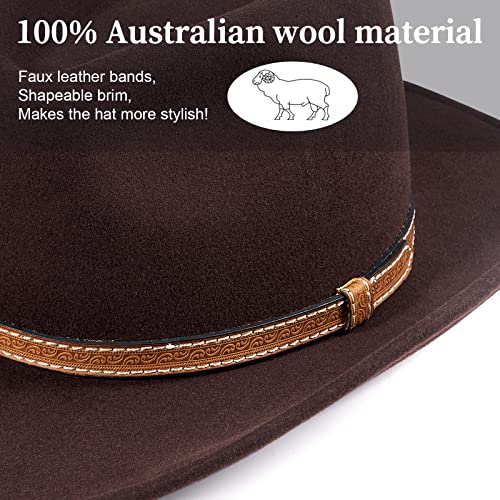 MIX BROWN Cowboy Hat with Wide Brim 100% Wool Cowgirl Hat Western Hats for Women Men Felt Outback Panama Rancher Hat — view 3