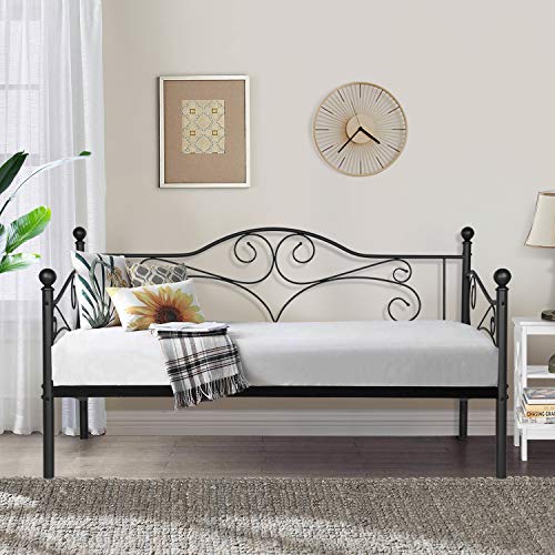 Vecelo Premium Daybed Metal Bed Frame Twin Size Steel Slat Support/Strong Legs Headboard/Mattress Foundation, Multi-Functional Furniture, Black #TOP4