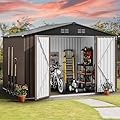 DWVO 10x8 FT Outdoor Storage Shed - Spacious Garden Tool Shed with Lockable Door - Durable Metal Yard Shed for Garden, Patio, and Backyard (Brown)