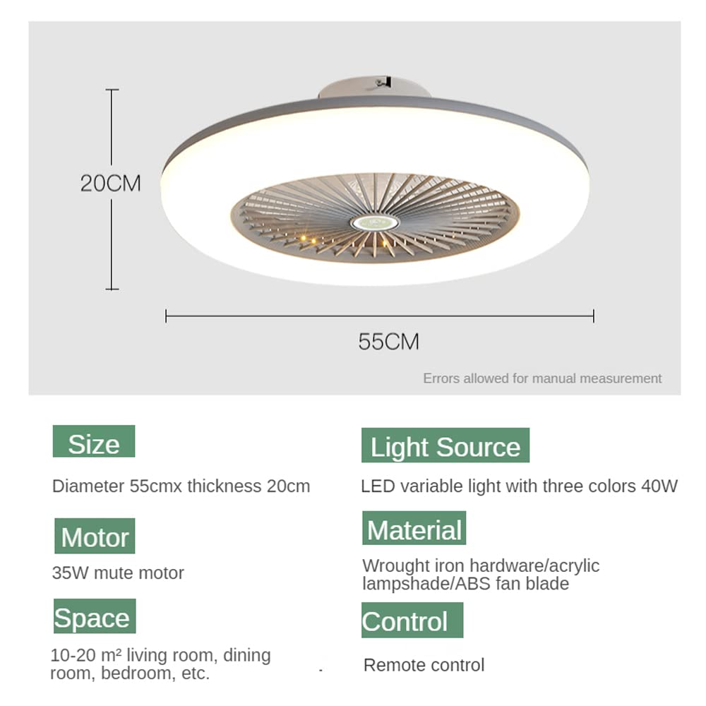 Ventilador de techo empotrado grande de 55 cm para interiores modernos con luces Control remoto Ventilador de techo sin aspas cerrado de perfil bajo, para dormitorio, habitación, espacio peque