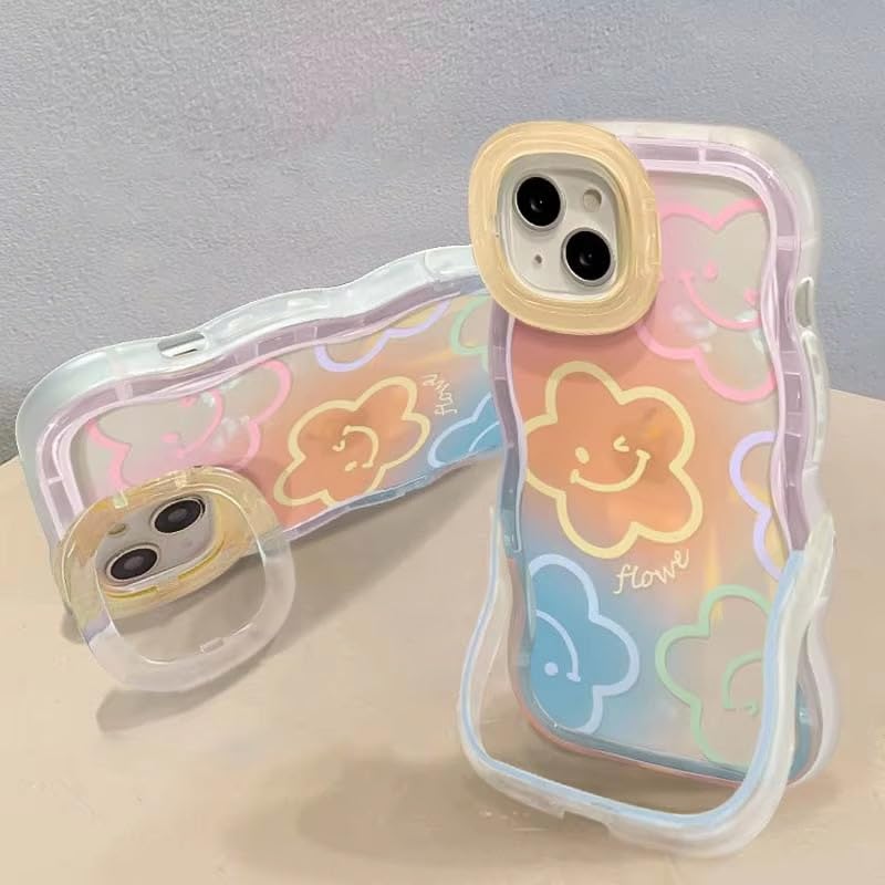 Image of COVERLY 3D Cute Creative Smiley Flower Cartoon Emoji Face Floral Decor Wave Curly Edge Invisible Double Phone Stand Holder Hard Happy Smile Cover Girly Charm Case for Apple iPhone 17 (Multi Color)