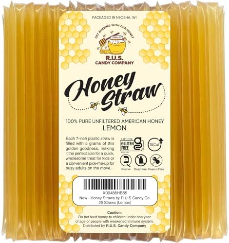25 Pack Honey Sticks For Tea, Snacking, Honey Straws Packets Single Serve Stir Sticks, Natural Flavor by R.U.S Candy Company- (Lemon)