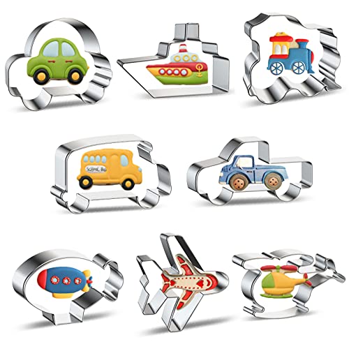 Travel Cookie Cutter Set 8-Piece Transportation And Vehicles Cookie Cutters With Car, Airplane, Train, Bus, Helicopter, Vintage Truck, Airship, Cruise Ship Shapes Biscuit Molds For Kids Baking Party #TOP27