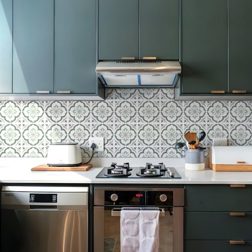 Alwayspon 25Pcs 8x8inch/20x20cm Peel and Stick Vinyl Wall Tile Sticker, Green Floral Textured Self-Adhesive Backsplash Tile Decals Stick on Tiles Waterproof Removable for Kitchen Bathroom