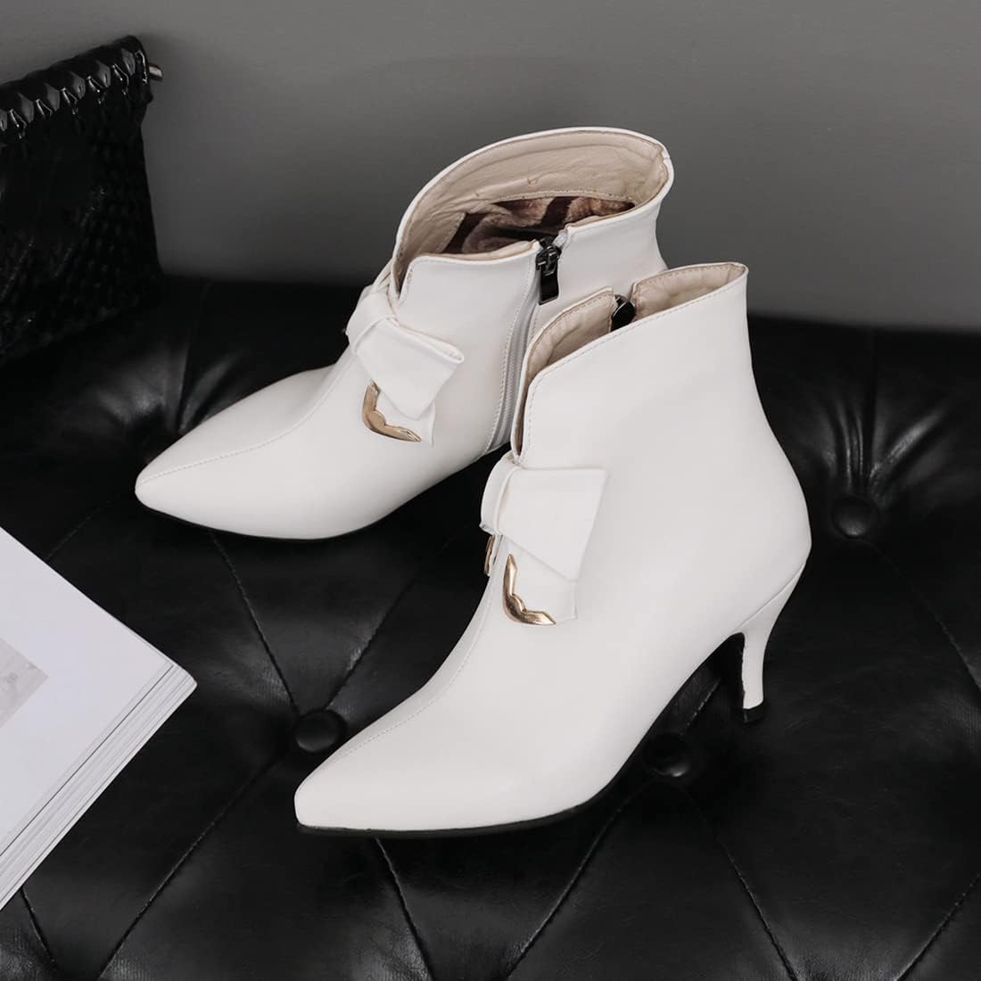 VOKLIN Women's Pointed Toe Bowtie Elegant Dressy Ankle Booties Zipper Stiletto Kitten Heel Dress Short Boots