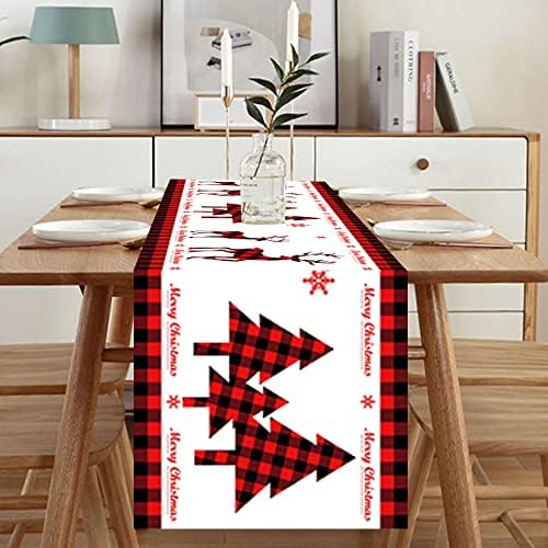Christmas Table Runner Red Linen Christmas Tablecloth , 14x71 Inch Non-slip Long Table Runner Cloth for Xmas Home Dining Decorations (Christmas Tree & Deer)