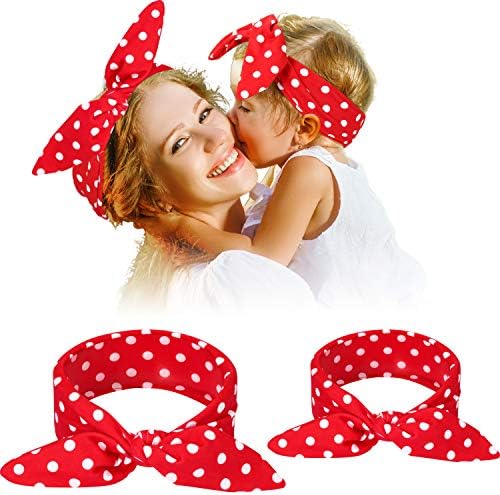 WILLBOND Christmas Parent Baby Girl Turban Headband Ears Headband 2 Pieces Baby Girl Red Black Plaid Headbands with Bow for Mom Baby (Red Plaid)
