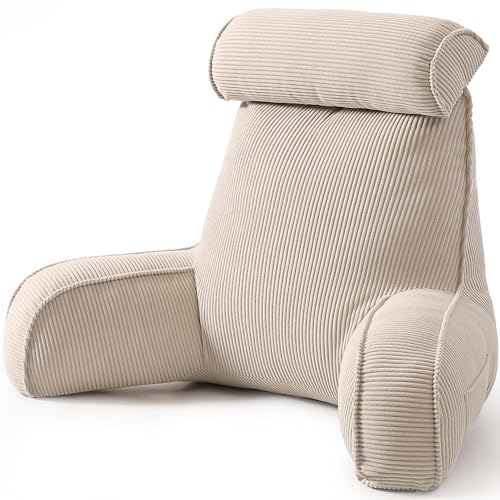 Ailuteie Reading Pillow for Sitting Up in Bed, Corduroy Backrest Pillow with Arms, Side Pocket & Washable Cover, Bed Rest Pillow Back Support for Adults, Beige Gray