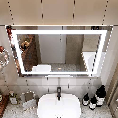 PetusHouse 42 X 28 Inch LED Lighted Bathroom Mirrors, Wall Mounted White Light Dimmable Anti-Fog Memory Touch Button Waterproof CRI>90 5MM Copper Free Mirrors, Vertical & Horizontal