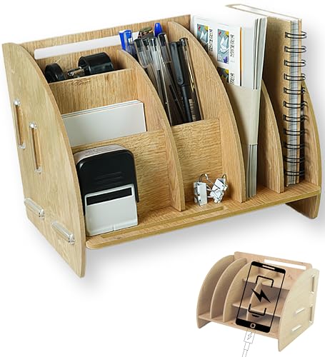 clipfritz - Organizador escritorio soporte de carga para móviles madera MDF (25x19x17,5cm) - Desk Organizer - Organizadores accesorios y material oficina y papeleria - Regalo para hombre original