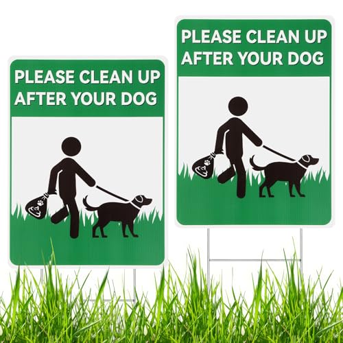 2 Pack Clean up After Your Dog Signs 12.6 x 9.5 No Pooping Dogs Signs with Metal H-Stakes Double-sided Pick up After Your Dog Sign for Yard Lawn
