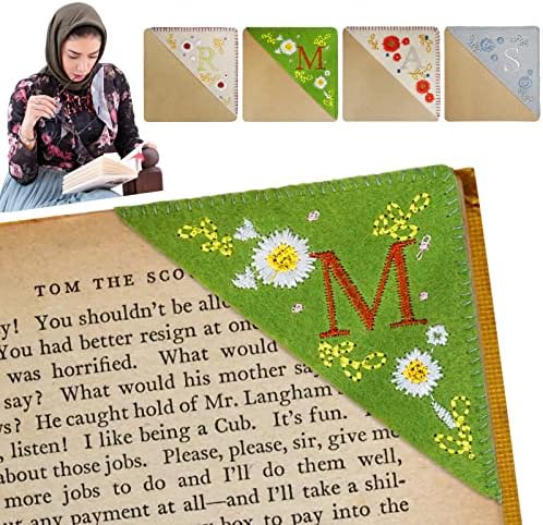 4 Packs Personalized Hand Embroidered Bookmark for Book Lovers, Unique Letters & Cute Flower Embroidery Corner Bookmark Book Marker Clip Meaningful Gift for Reader Friend Student