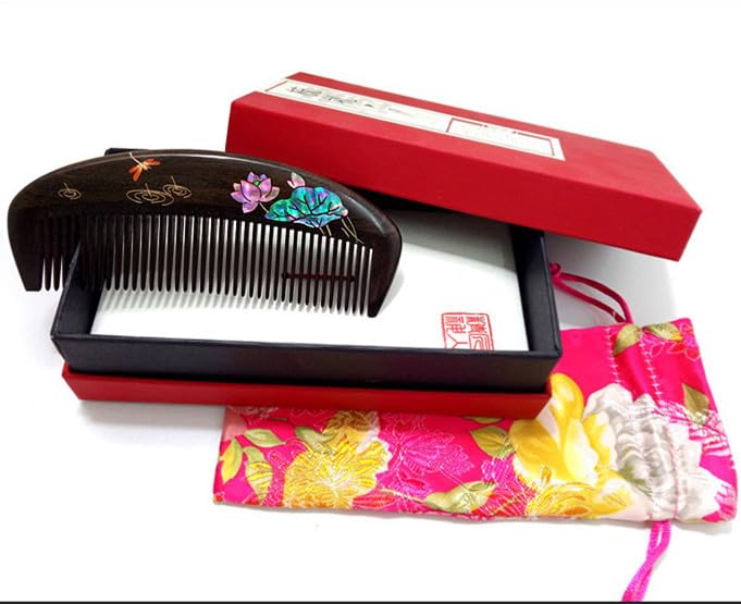 QinXingBaiHuoDian For Ancient Wooden Comb Women's and Men's Hair Comb 荷花蜻蜓檀木梳子螺钿镶嵌漆艺彩绘梳文创商务礼品(1Pcs 荷花蜻蜓檀木梳礼盒装（不含发簪）)