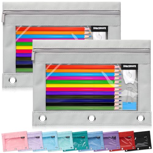 Image of SPACEMATE 2 Pack Pencil Pouch for 3 Ring Binder, Clear 3-Hole Zipper Case | Metal Grommets, School Supplies Organizer for Girls, Boys & Kids, Preppy Aesthetic Style, 1 Pack, Gray