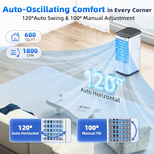 Image of Windowless Portable Air Conditioners w /Dual Tank for 24H Cooling 600Sq.ft, 6 Ice Packs, 4 Modes&3 Speeds Swamp Cooler, 12H Timer 26Ft Remote, 120Swing Evaporative Air Cooler for Room Bedroom