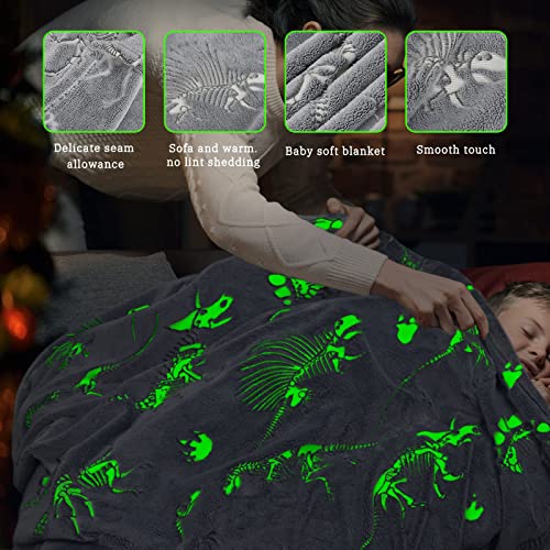 Image of Dinosaur Toys for Kids Blanket, Boys Birthday Gifts Dino Blanket, Soft Fleece Throw Glowing Dino Bedroom Decor Throw