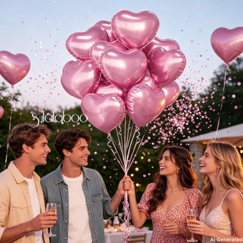 Image of 15Pcs Pink Heart Balloons Helium 18 Inch Foil Balloons | Heart Shaped for Valentines Day Mother's Day Engagement Anniversary Birthday Bridal Wedding Party Decorations