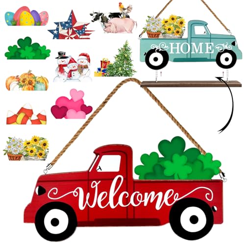 Winder Welcome Sign & Home Sign for Front Door 2Side Rustic Red Truck Decor with 10PC Interchangeable Holiday Icons for Spring Valentine's Day St. Patrick's Day Easter Seasonal Wall Decoration