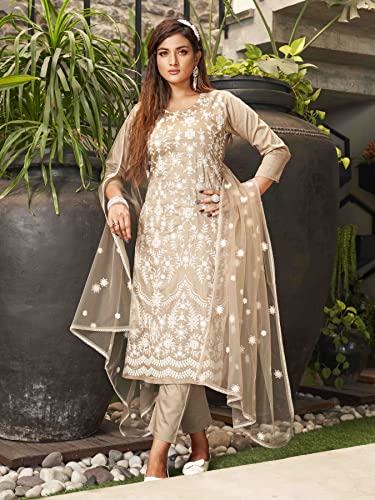 Image of Womanista Women's Floral Embroidered Chikankari Pure Cotton Kurta Trouser With Dupatta Set (Kurtaset 1121)