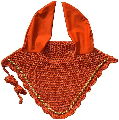 Horse Ear Bonnet Ear Net Hat Fly Bonnet Hood Mask Fly Veil Full Hand Made Cotton (Pony, Orange)